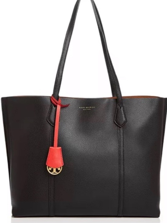 Tory Burch Handbags - Tory Burch Black Leather Tote with Red Hanging Accent